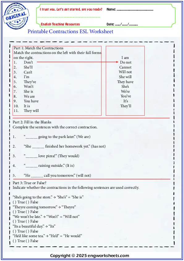 Printable Contractions ESL Worksheet Worksheet Preview